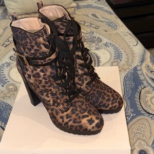 Leopard Print Lace-Up Ankle Boots- Worn Once